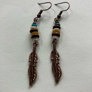 Copper Feather Dangle Drop Earring with Stacked Beads